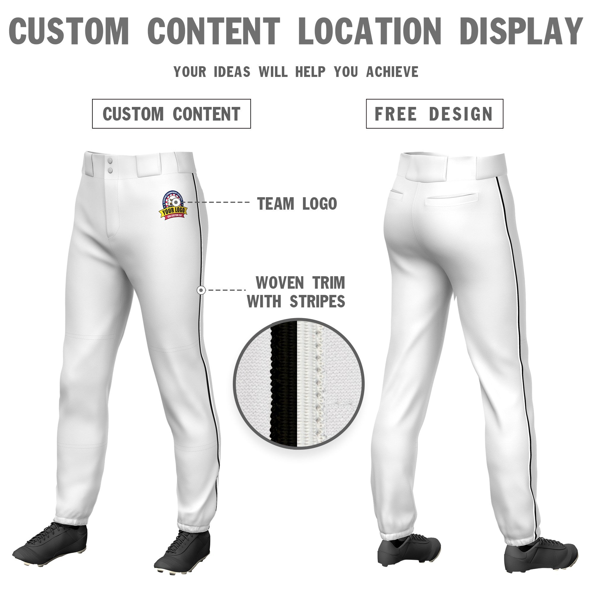 Custom White Black-White Classic Fit Stretch Practice Pull-up Baseball Pants