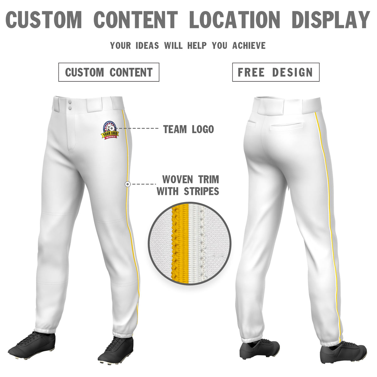 Custom White Gold01-White Classic Fit Stretch Practice Pull-up Baseball Pants