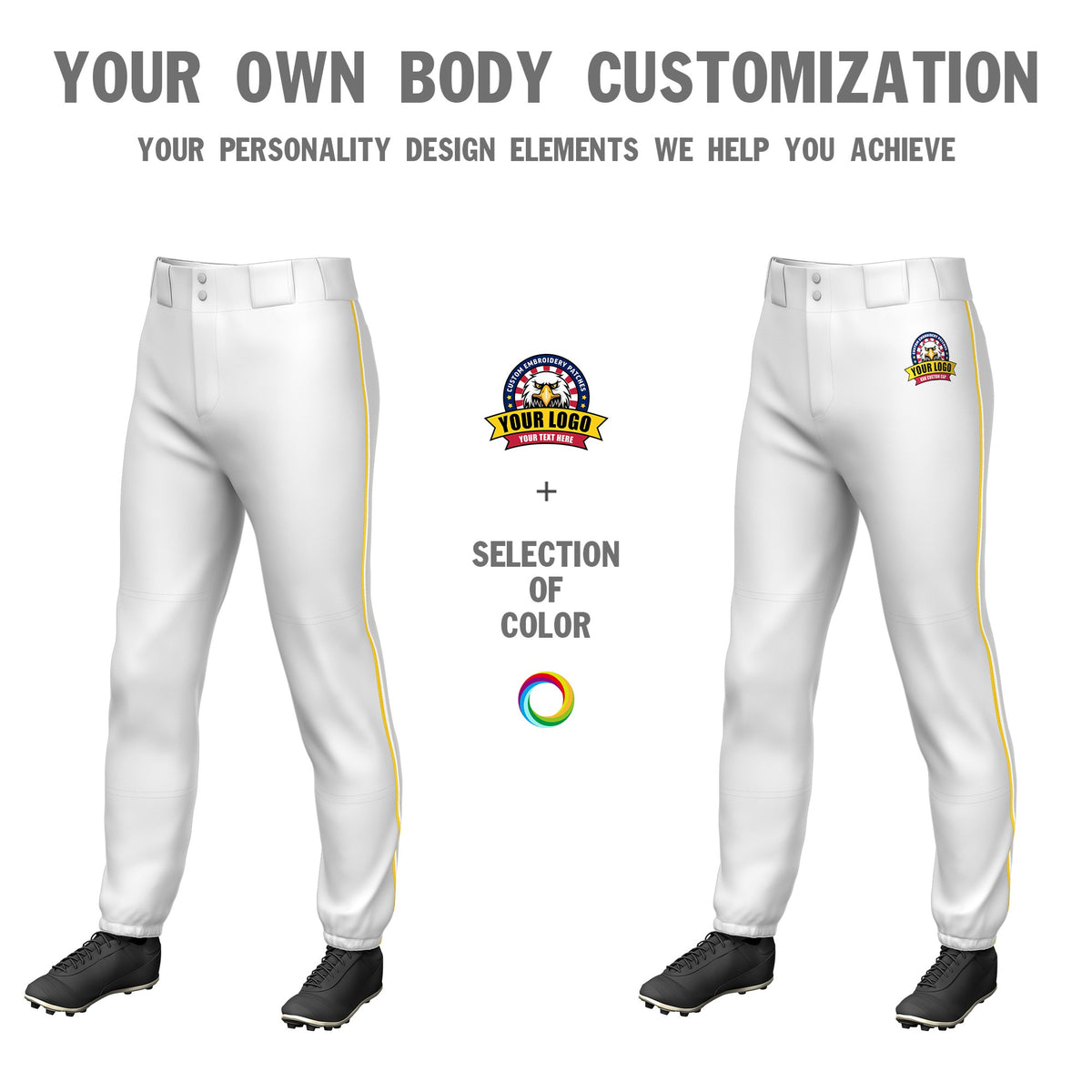 Custom White Gold01-White Classic Fit Stretch Practice Pull-up Baseball Pants