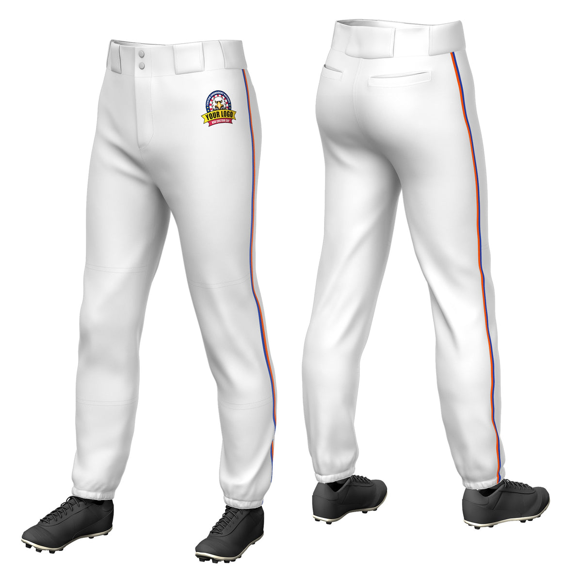 Custom White Royal Blue-Orange Classic Fit Stretch Practice Pull-up Baseball Pants