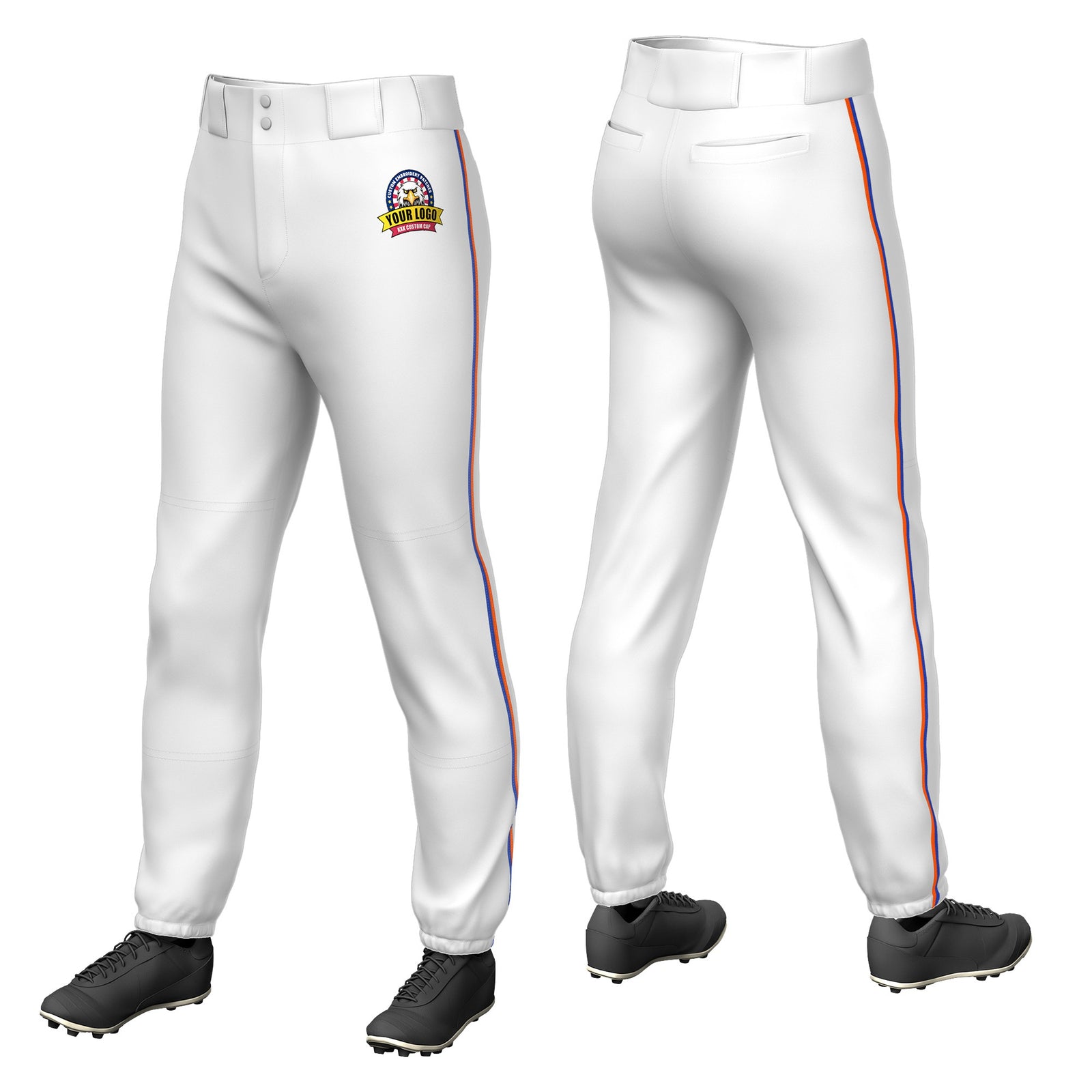Custom White Royal Blue-Orange Classic Fit Stretch Practice Pull-up Baseball Pants
