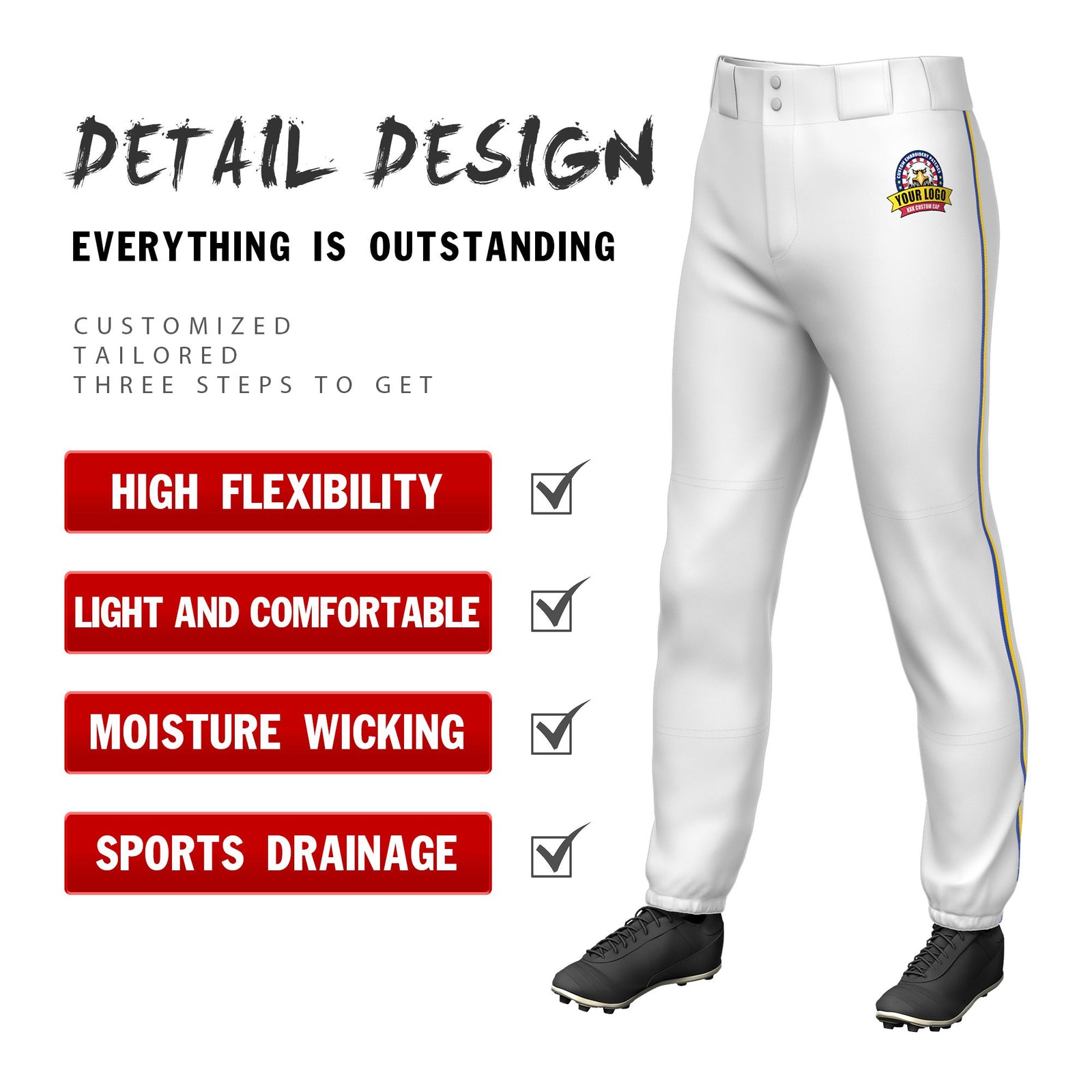Custom White Royal Blue-Gold01 Classic Fit Stretch Practice Pull-up Baseball Pants