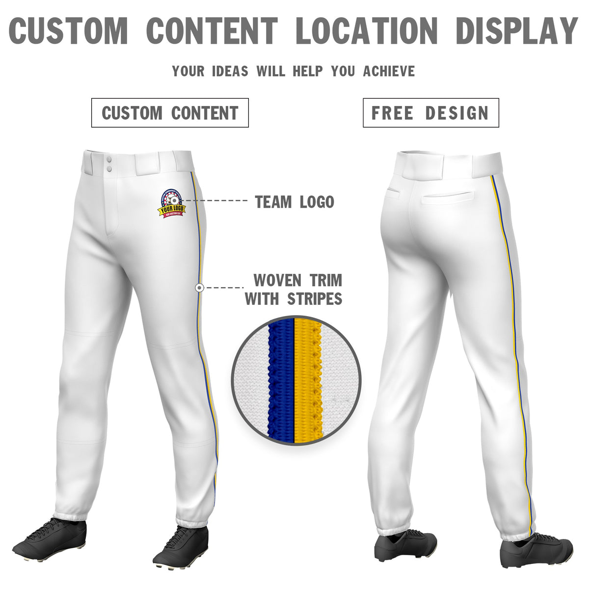 Custom White Royal Blue-Gold01 Classic Fit Stretch Practice Pull-up Baseball Pants