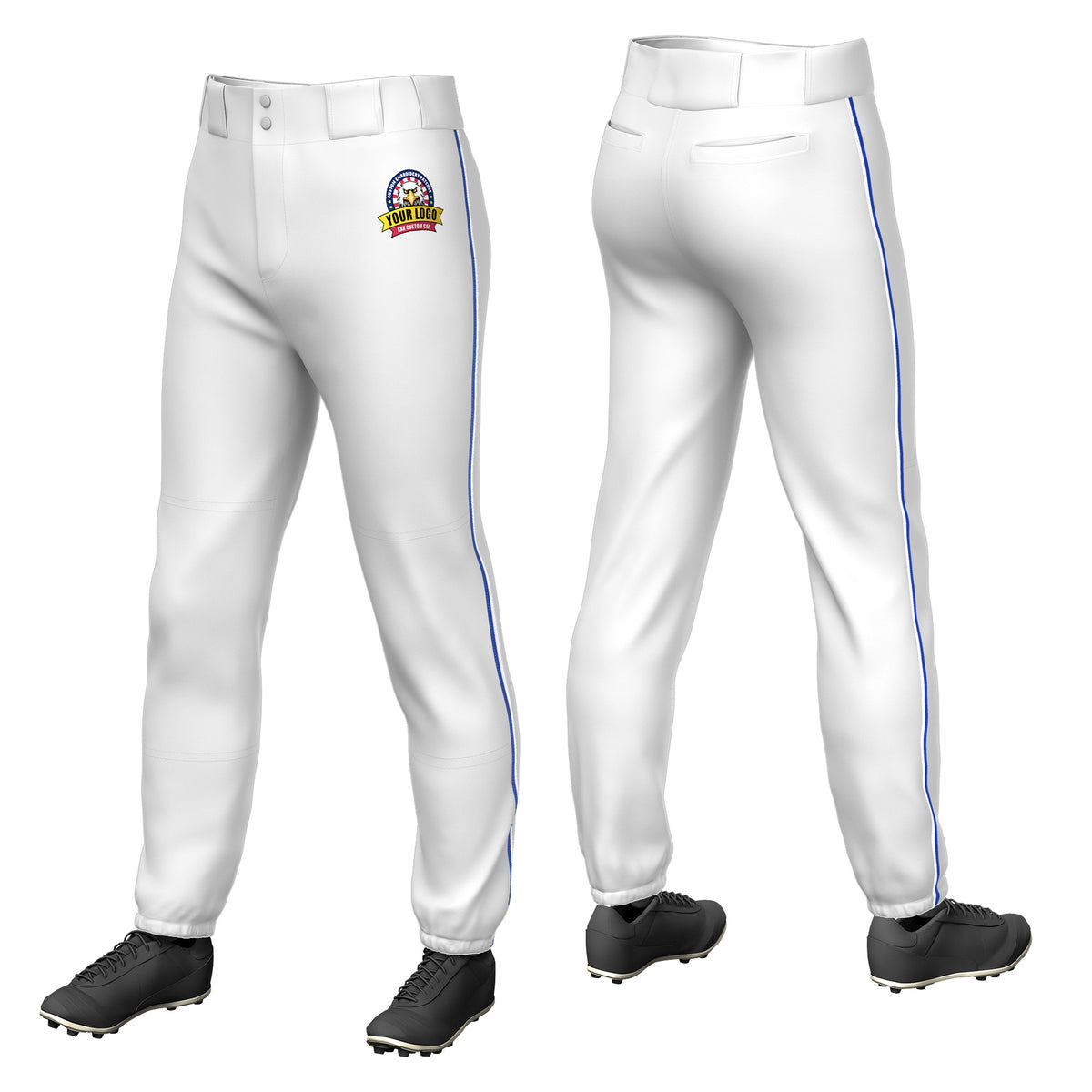 Custom White Royal Blue-White Classic Fit Stretch Practice Pull-up Baseball Pants