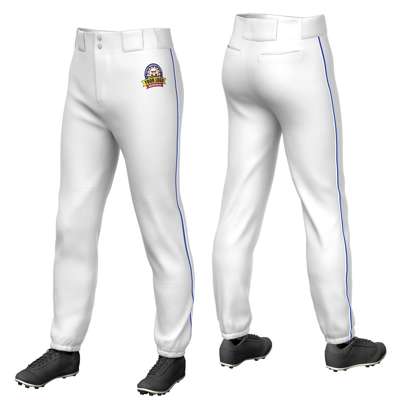 Custom White Royal Blue-White Classic Fit Stretch Practice Pull-up Baseball Pants