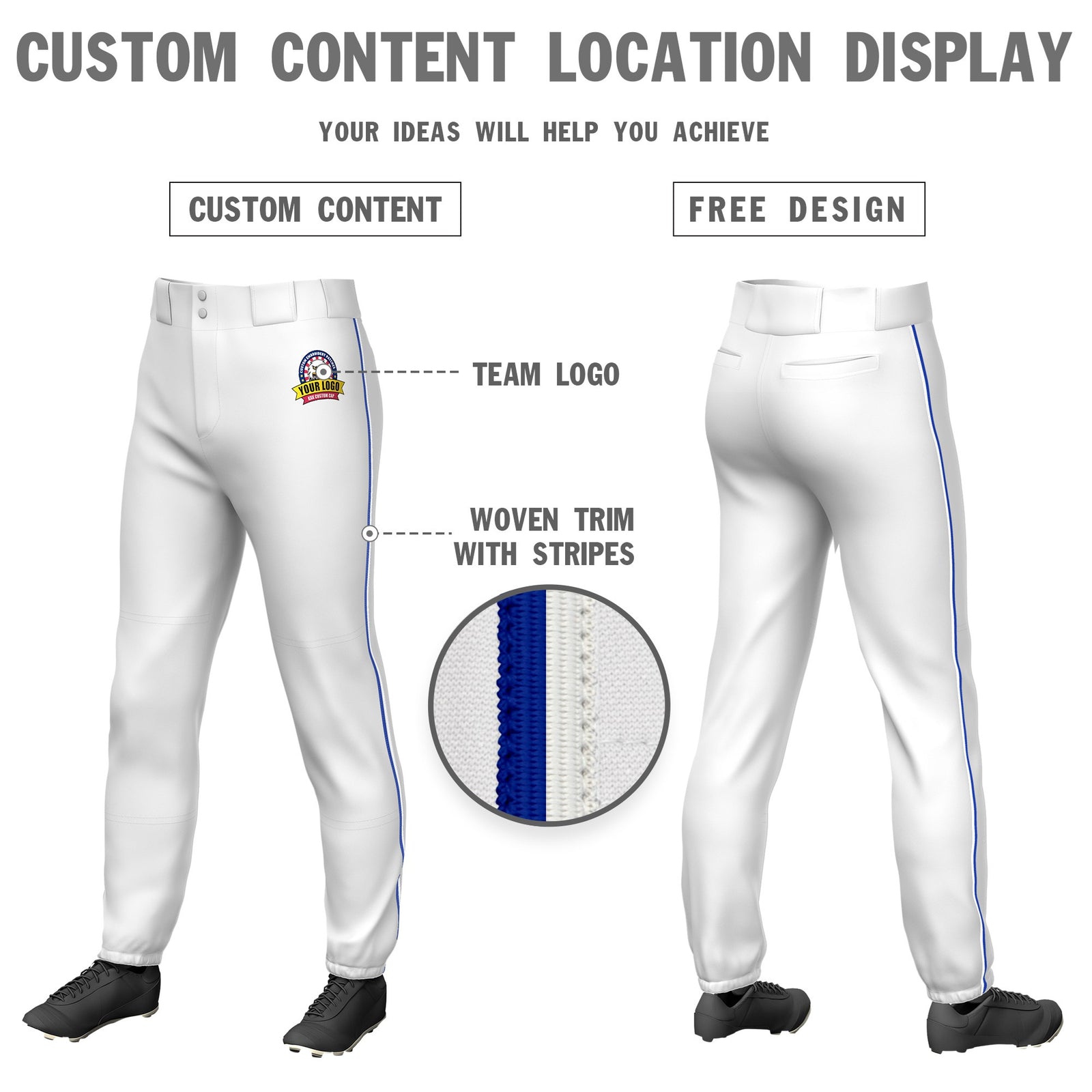 Custom White Royal Blue-White Classic Fit Stretch Practice Pull-up Baseball Pants