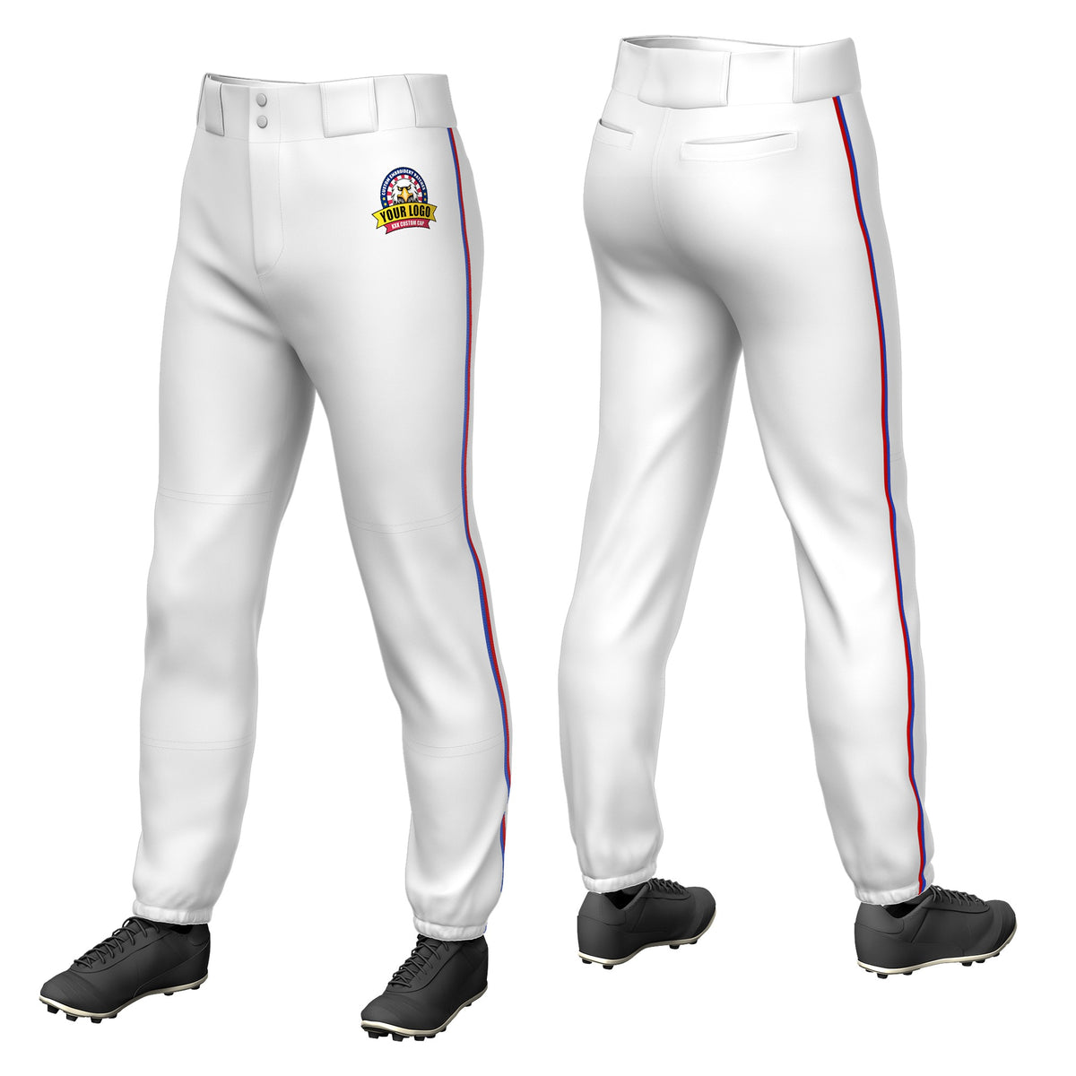 Custom White Royal Blue-Red Classic Fit Stretch Practice Pull-up Baseball Pants