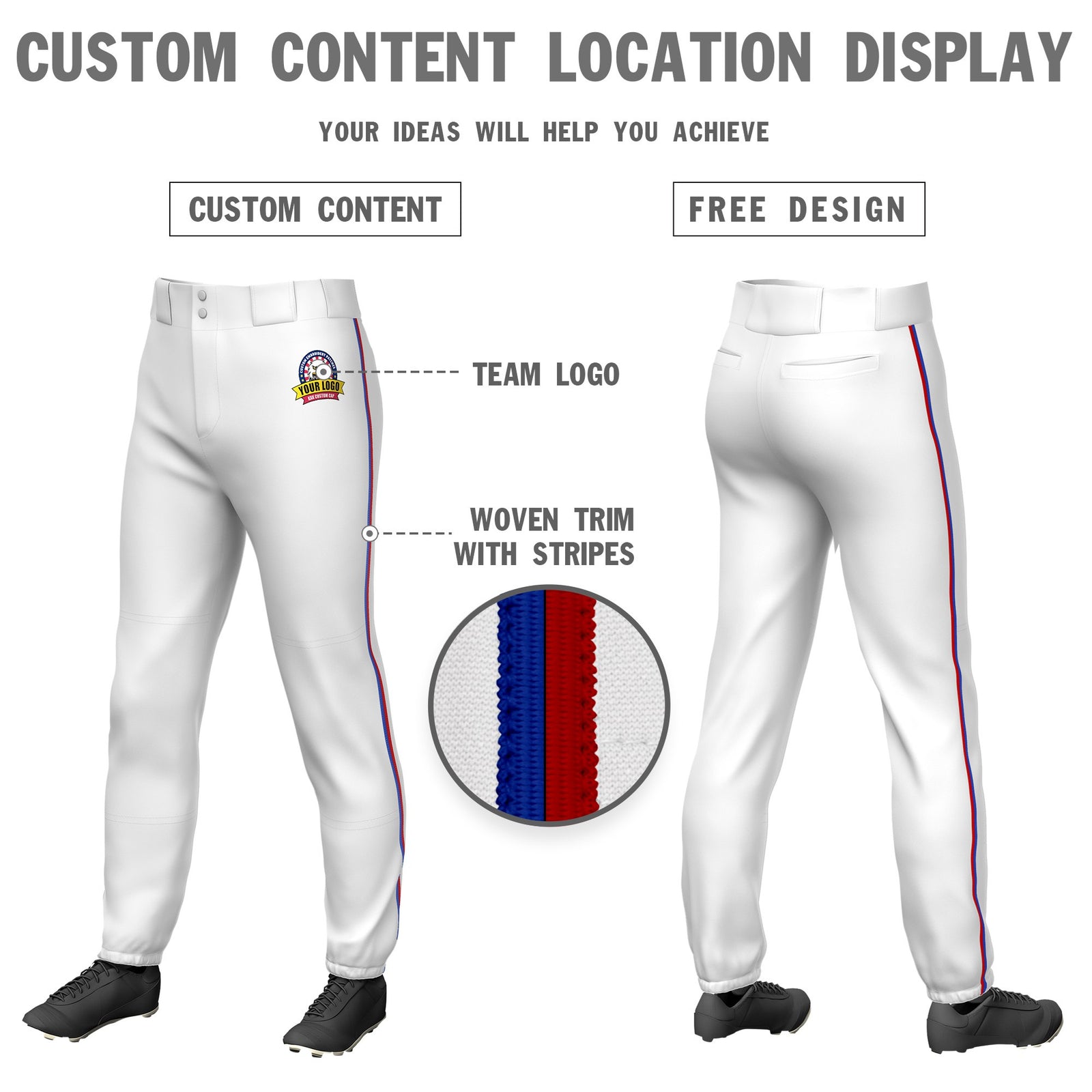 Custom White Royal Blue-Red Classic Fit Stretch Practice Pull-up Baseball Pants