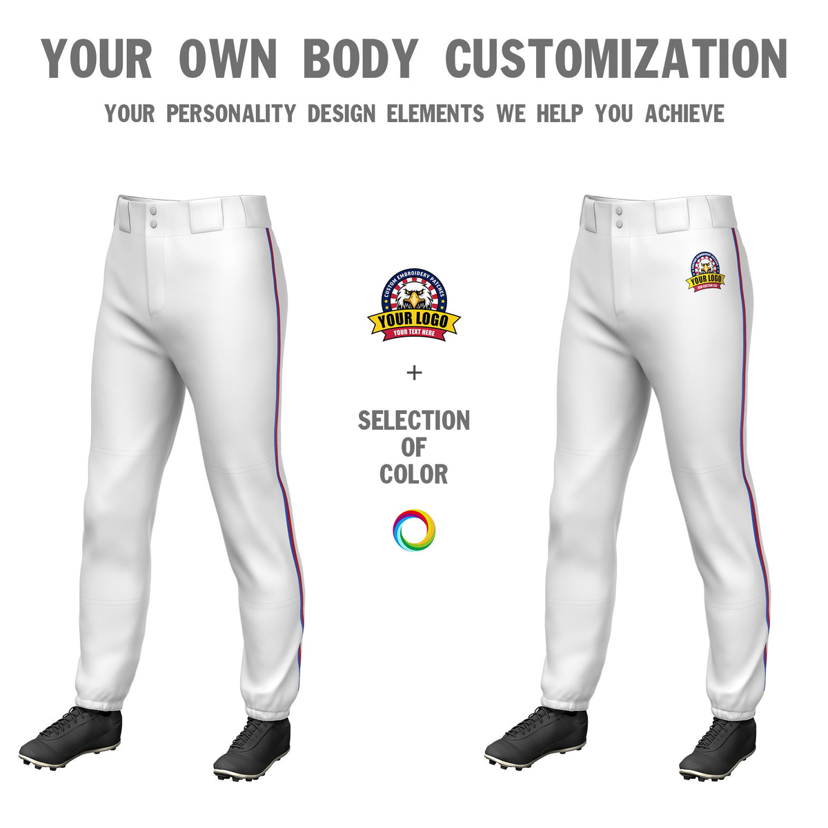 Custom White Royal Blue-Red Classic Fit Stretch Practice Pull-up Baseball Pants