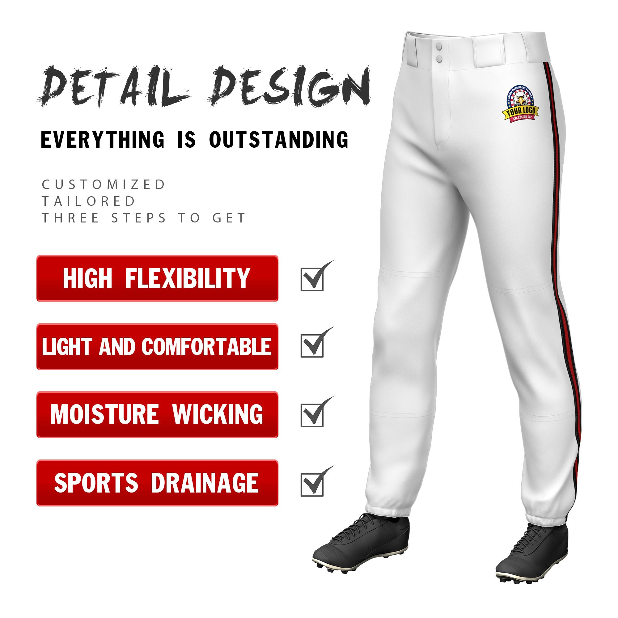 Custom White Black-Red-Black Classic Fit Stretch Practice Pull-up Baseball Pants