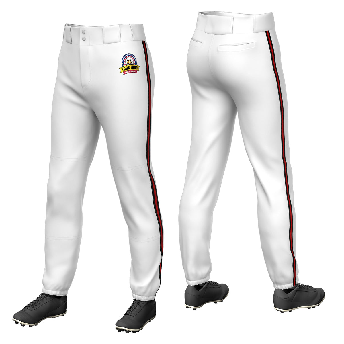 Custom White Black-Red-Black Classic Fit Stretch Practice Pull-up Baseball Pants