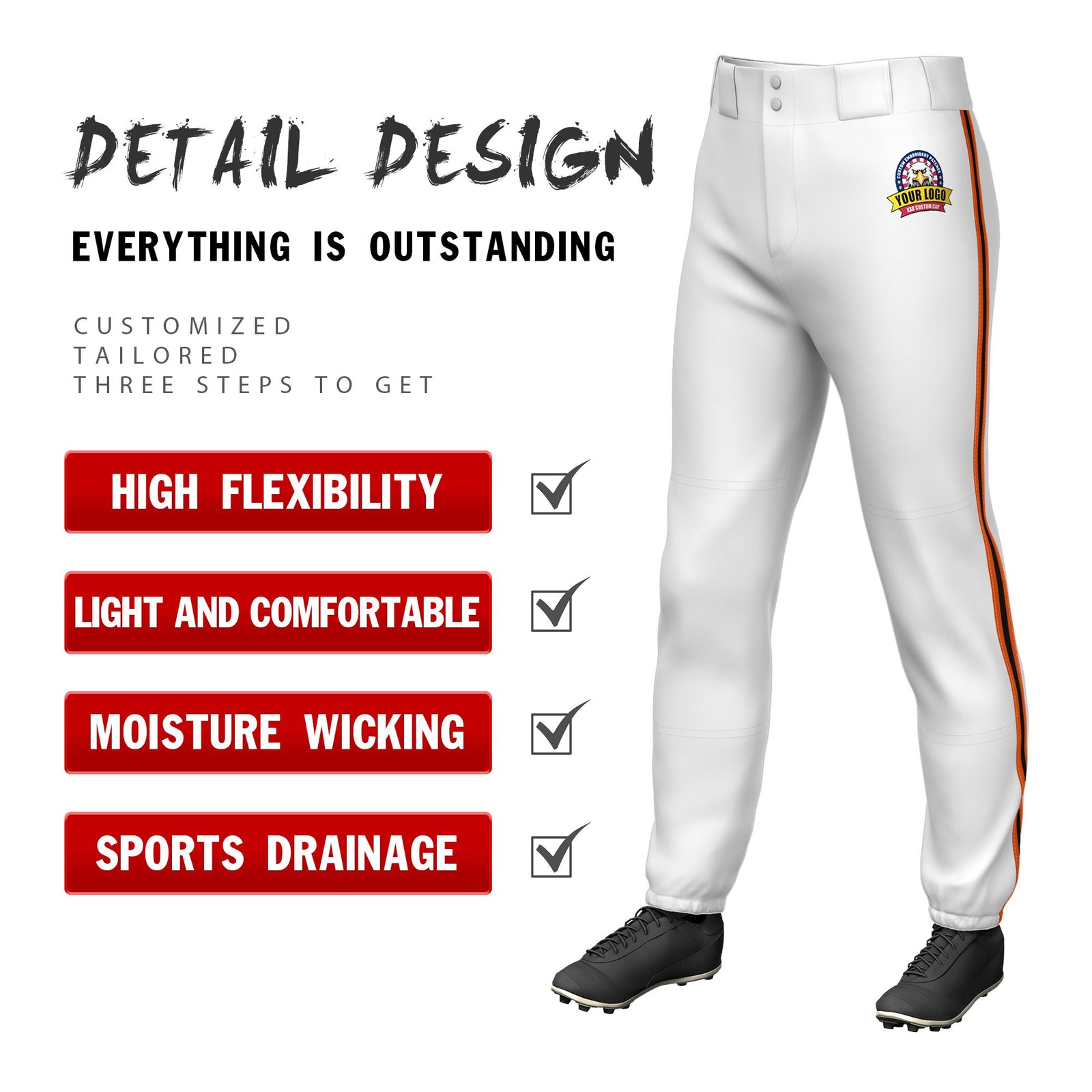 Custom White Orange-Black-Orange Classic Fit Stretch Practice Pull-up Baseball Pants