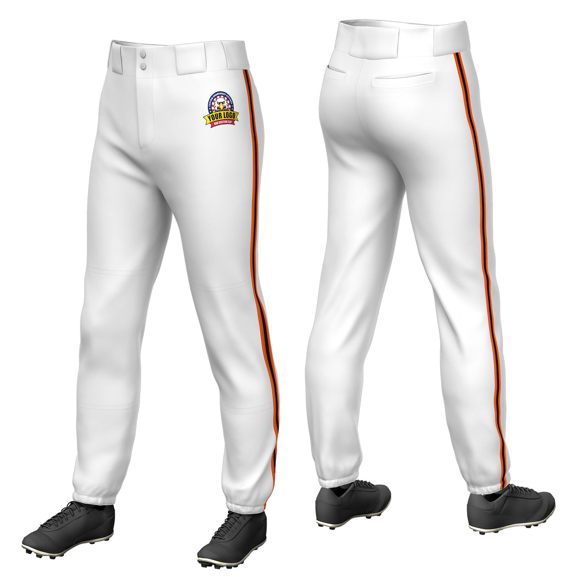 Custom White Orange-Black-Orange Classic Fit Stretch Practice Pull-up Baseball Pants