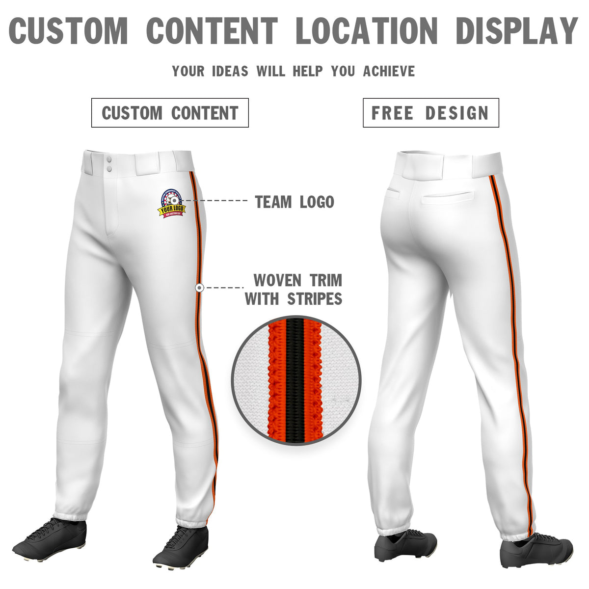 Custom White Orange-Black-Orange Classic Fit Stretch Practice Pull-up Baseball Pants