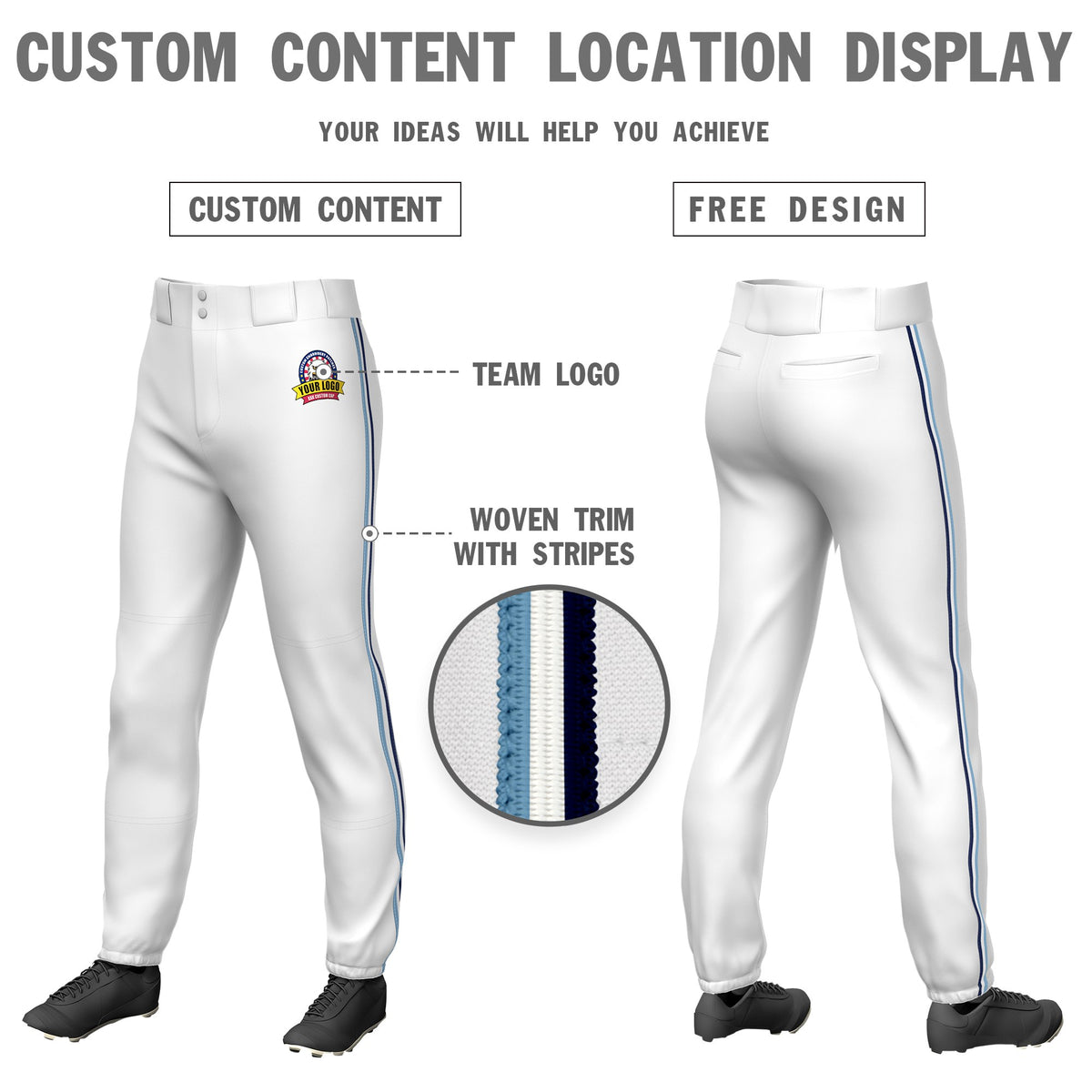 Custom White Light Blue-White-Navy Classic Fit Stretch Practice Pull-up Baseball Pants