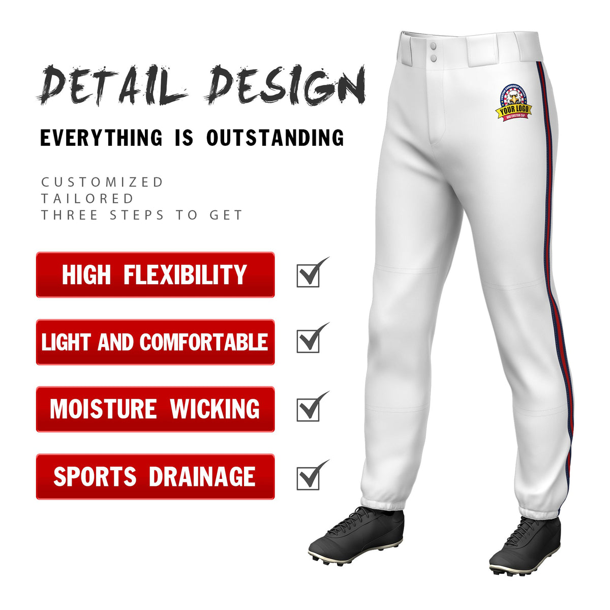 Custom White Navy-Red-Navy Classic Fit Stretch Practice Pull-up Baseball Pants