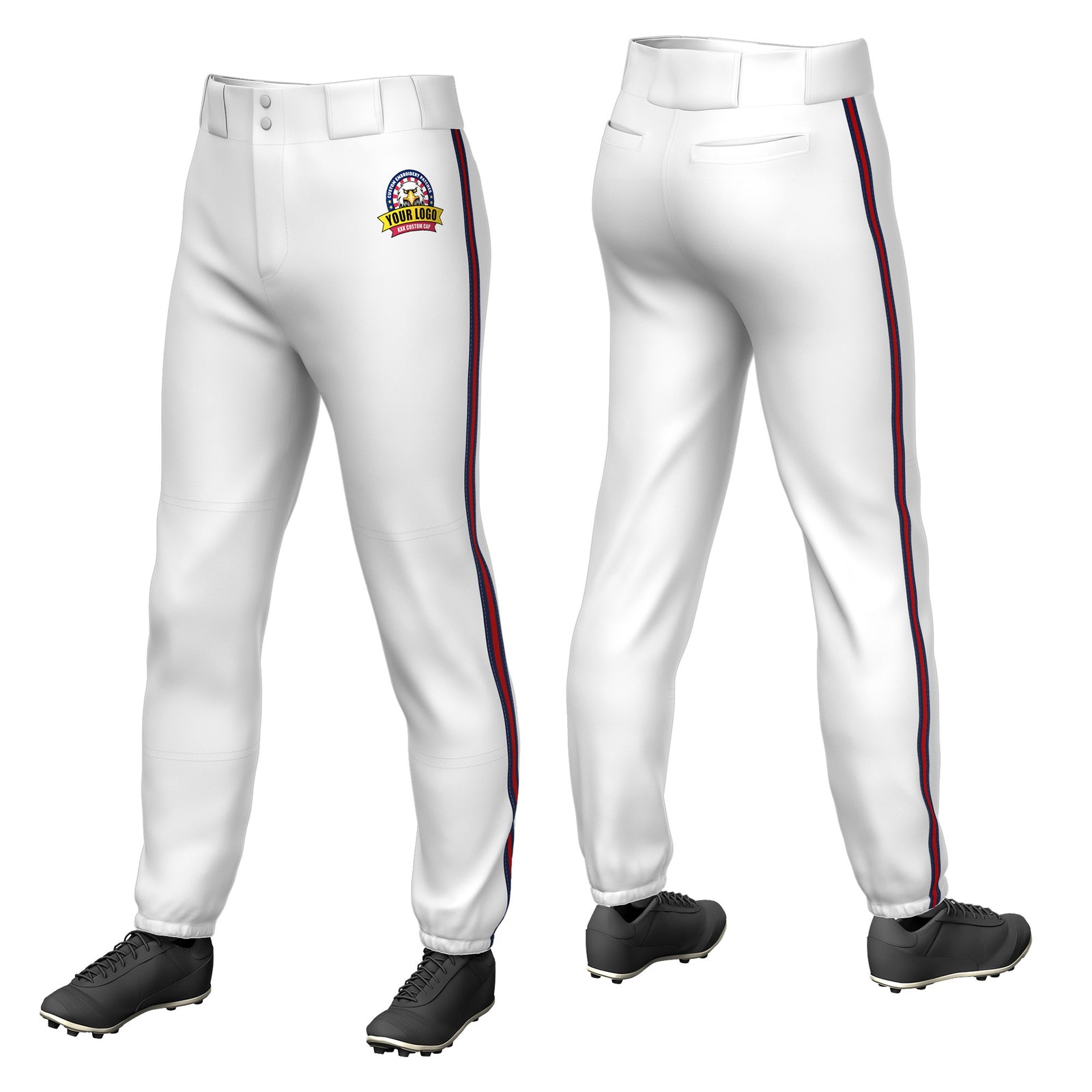 Custom White Navy-Red-Navy Classic Fit Stretch Practice Pull-up Baseball Pants