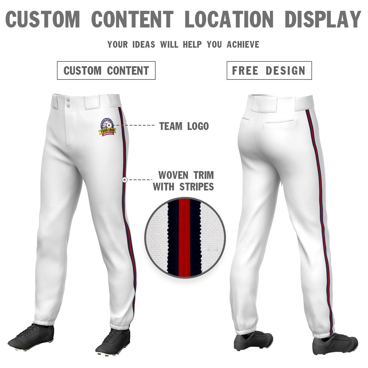 Custom White Navy-Red-Navy Classic Fit Stretch Practice Pull-up Baseball Pants