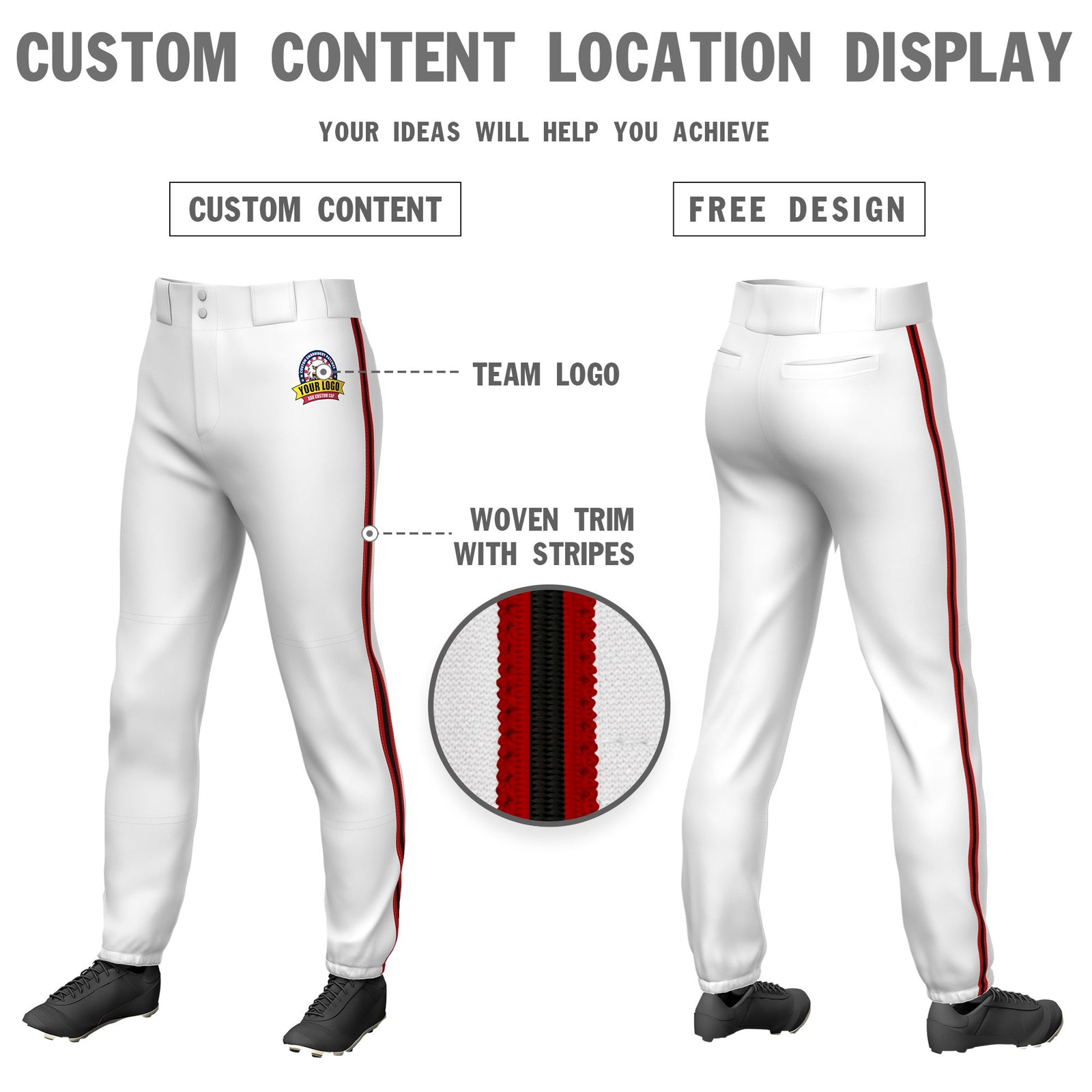 Custom White Red-Black-Red Classic Fit Stretch Practice Pull-up Baseball Pants