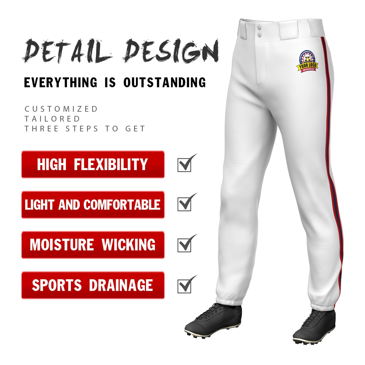 Custom White Red-Navy-Red Classic Fit Stretch Practice Pull-up Baseball Pants