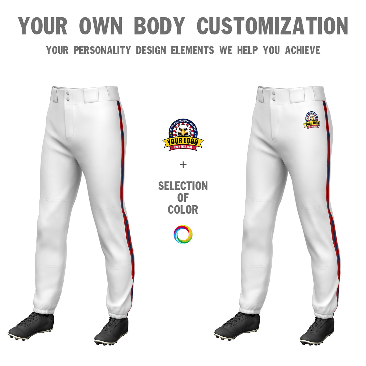 Custom White Red-Navy-Red Classic Fit Stretch Practice Pull-up Baseball Pants