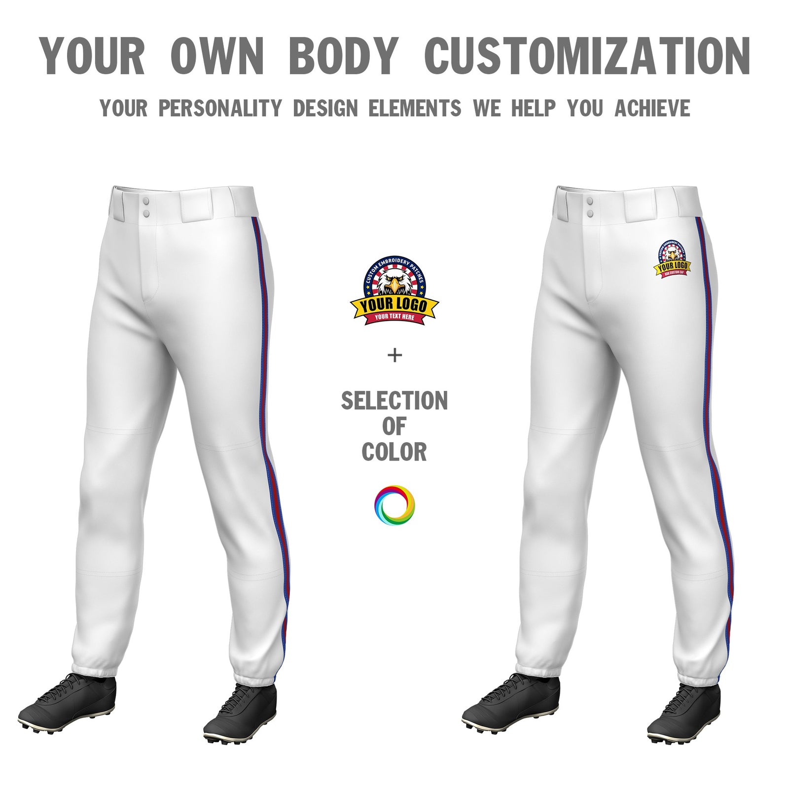 Custom White Royal Blue-Red-Royal Blue Classic Fit Stretch Practice Pull-up Baseball Pants