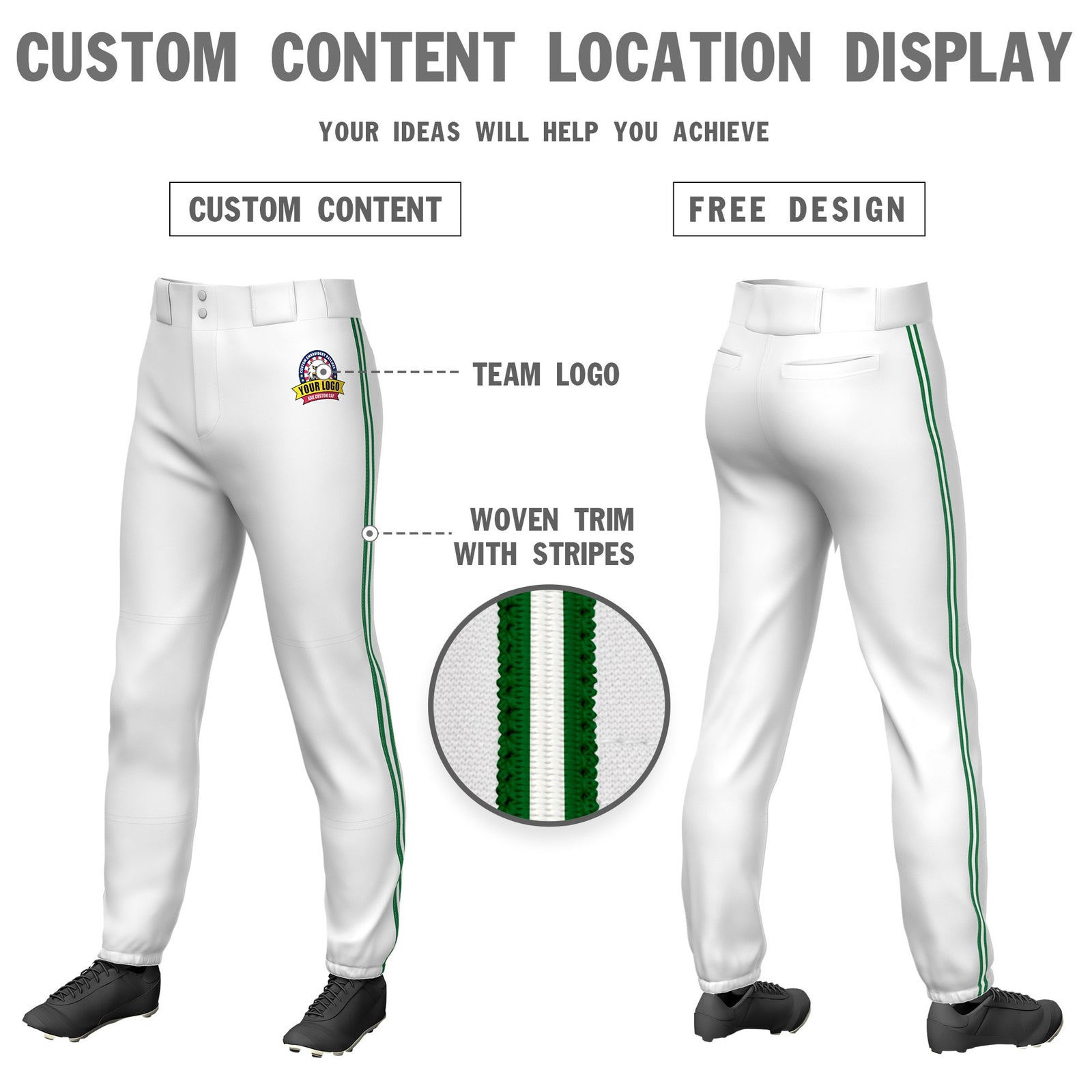 Custom White Kelly Green-White-Kelly Green Classic Fit Stretch Practice Pull-up Baseball Pants