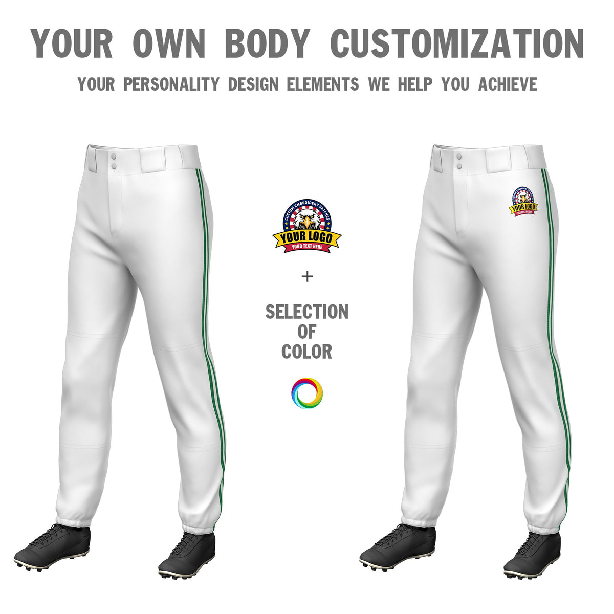 Custom White Kelly Green-White-Kelly Green Classic Fit Stretch Practice Pull-up Baseball Pants