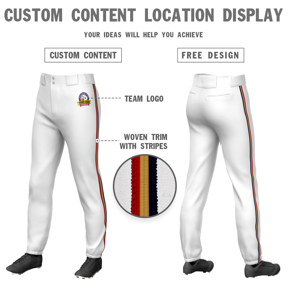 Custom White Navy-Old Gold-Red Classic Fit Stretch Practice Pull-up Baseball Pants