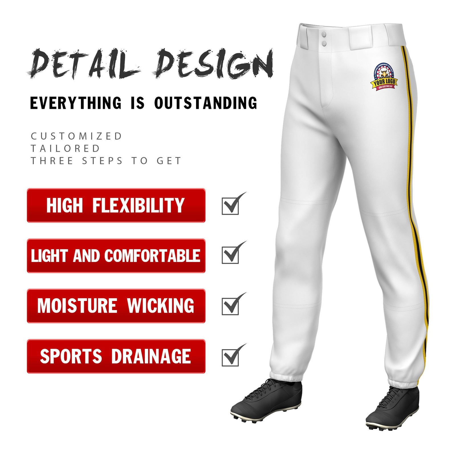 Custom White Gold01-Black-Gold01 Classic Fit Stretch Practice Pull-up Baseball Pants