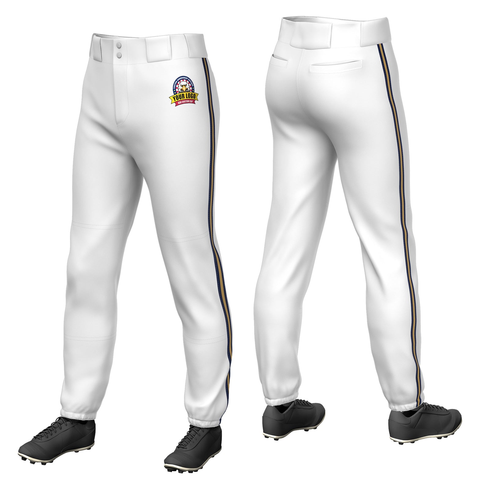 Custom White Navy-Old Gold-Navy Classic Fit Stretch Practice Pull-up Baseball Pants