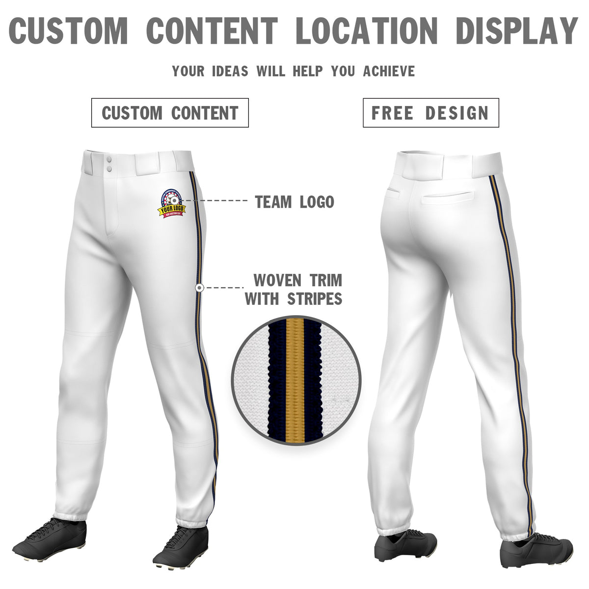 Custom White Navy-Old Gold-Navy Classic Fit Stretch Practice Pull-up Baseball Pants