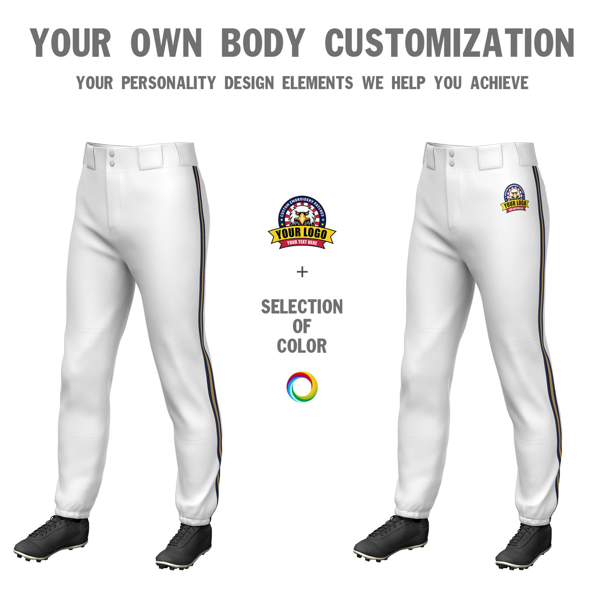 Custom White Navy-Old Gold-Navy Classic Fit Stretch Practice Pull-up Baseball Pants