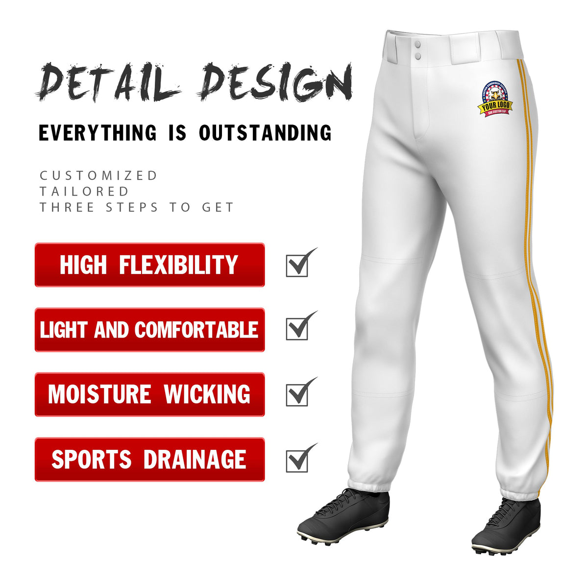 Custom White Yellow-White-Yellow Classic Fit Stretch Practice Pull-up Baseball Pants