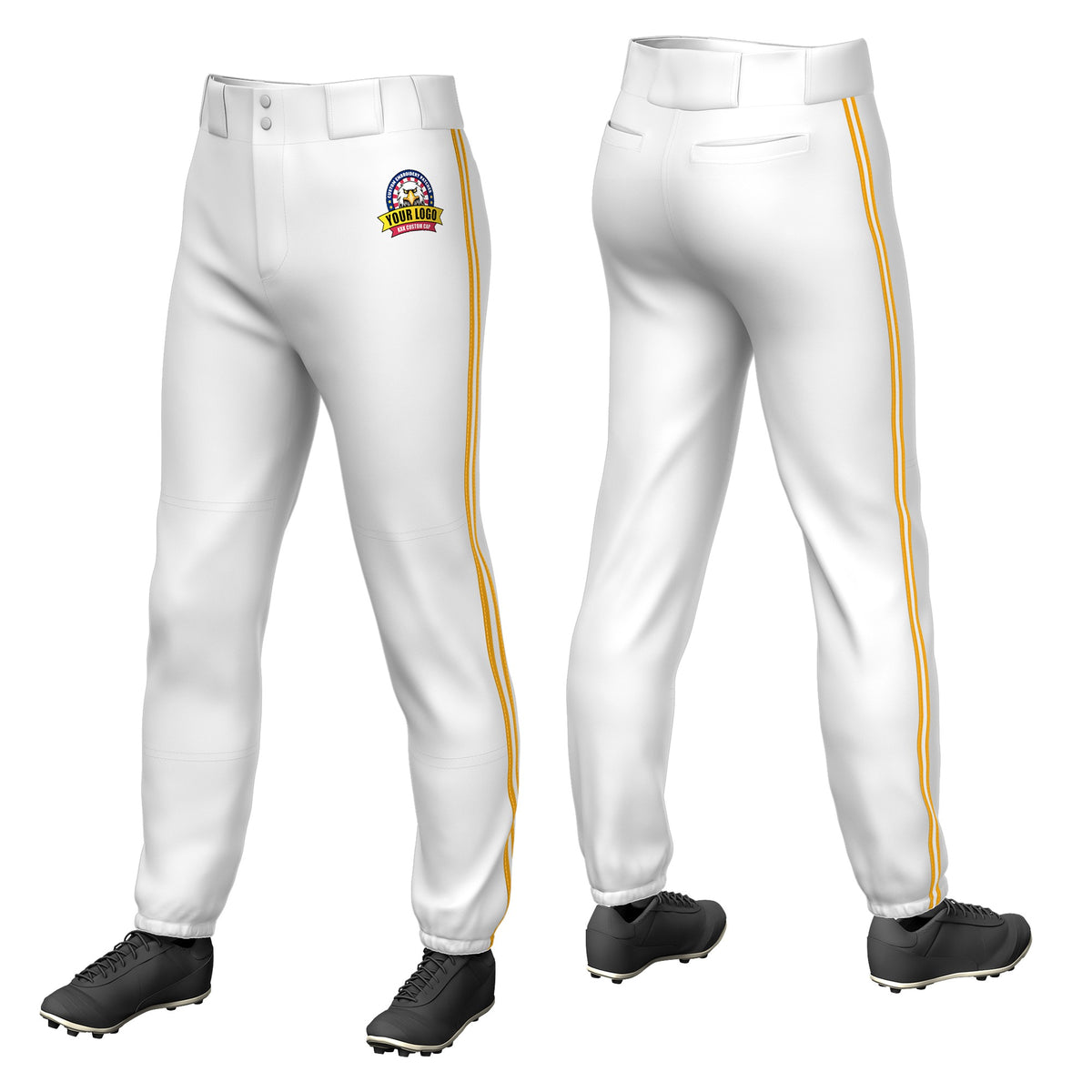 Custom White Yellow-White-Yellow Classic Fit Stretch Practice Pull-up Baseball Pants