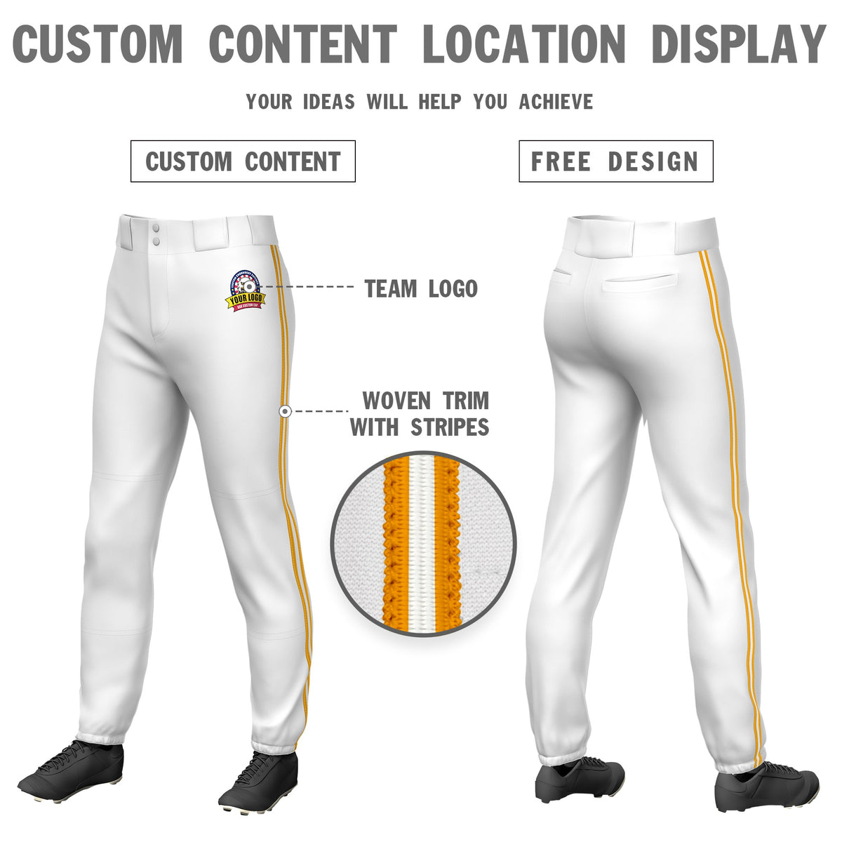 Custom White Yellow-White-Yellow Classic Fit Stretch Practice Pull-up Baseball Pants