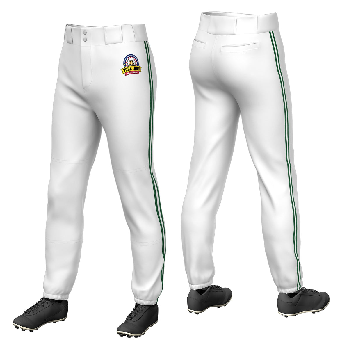 Custom White Green-White-Green Classic Fit Stretch Practice Pull-up Baseball Pants
