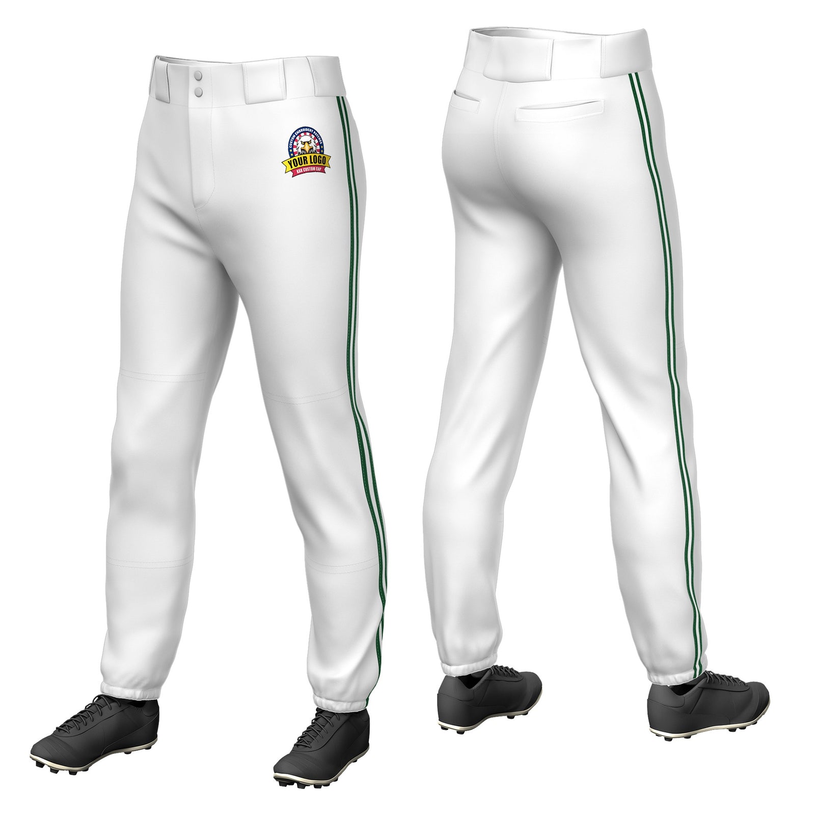 Custom White Green-White-Green Classic Fit Stretch Practice Pull-up Baseball Pants