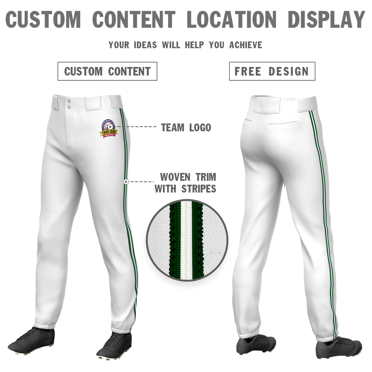 Custom White Green-White-Green Classic Fit Stretch Practice Pull-up Baseball Pants