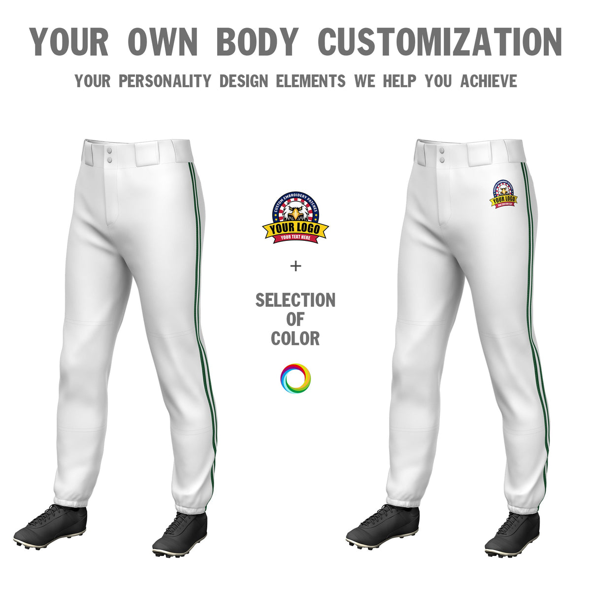 Custom White Green-White-Green Classic Fit Stretch Practice Pull-up Baseball Pants