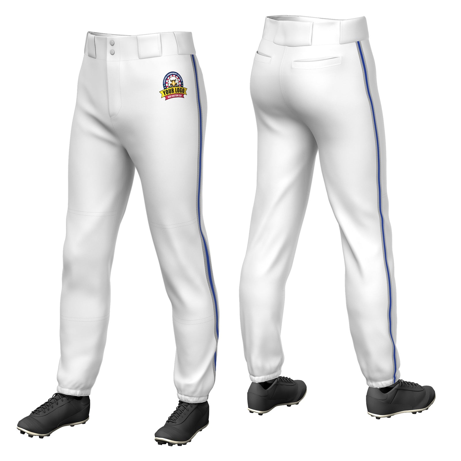 Custom White Gray-Royal Blue-Gray Classic Fit Stretch Practice Pull-up Baseball Pants