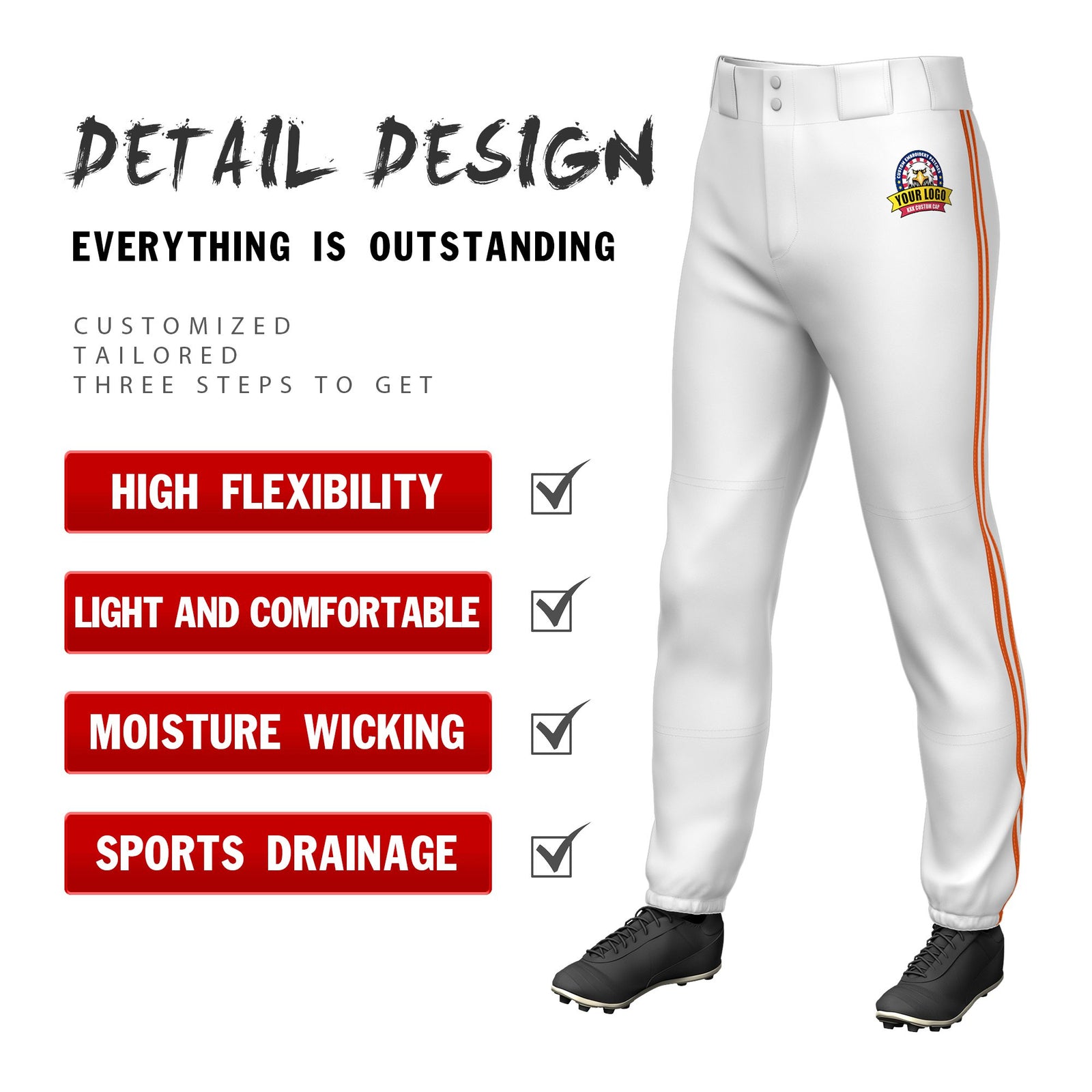Custom White Orange-White-Orange Classic Fit Stretch Practice Pull-up Baseball Pants