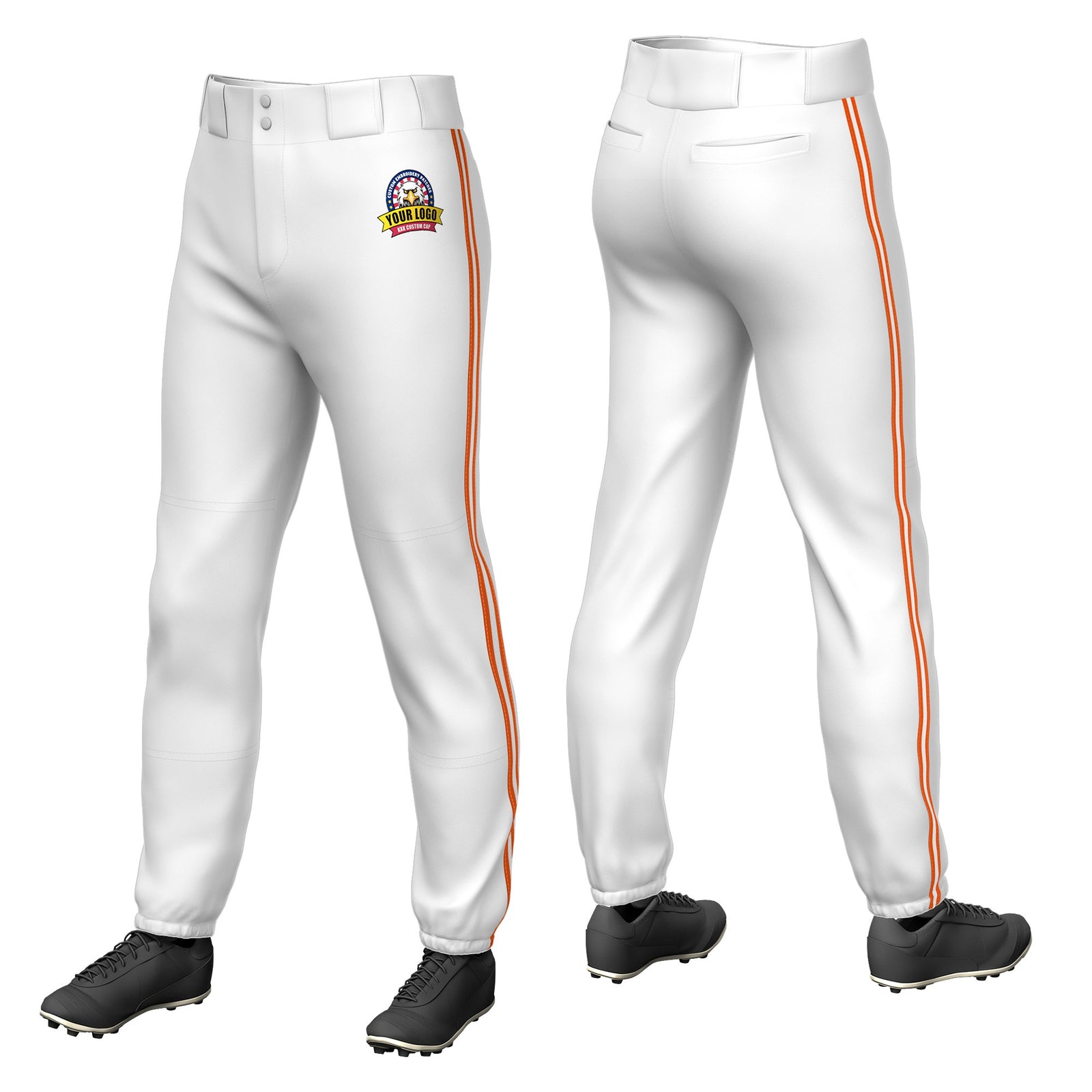 Custom White Orange-White-Orange Classic Fit Stretch Practice Pull-up Baseball Pants