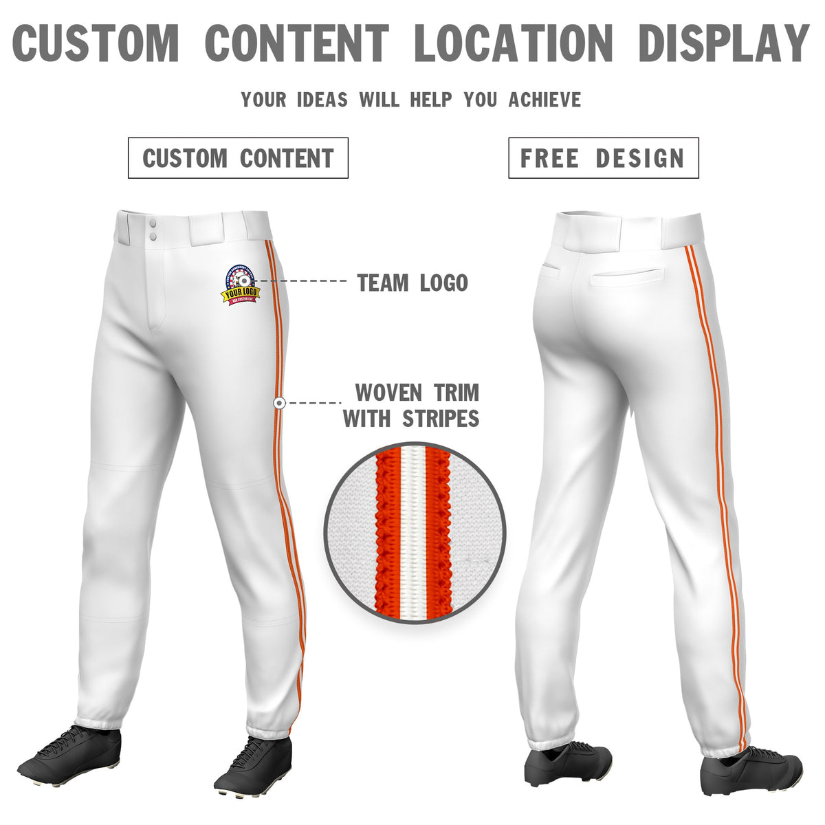 Custom White Orange-White-Orange Classic Fit Stretch Practice Pull-up Baseball Pants