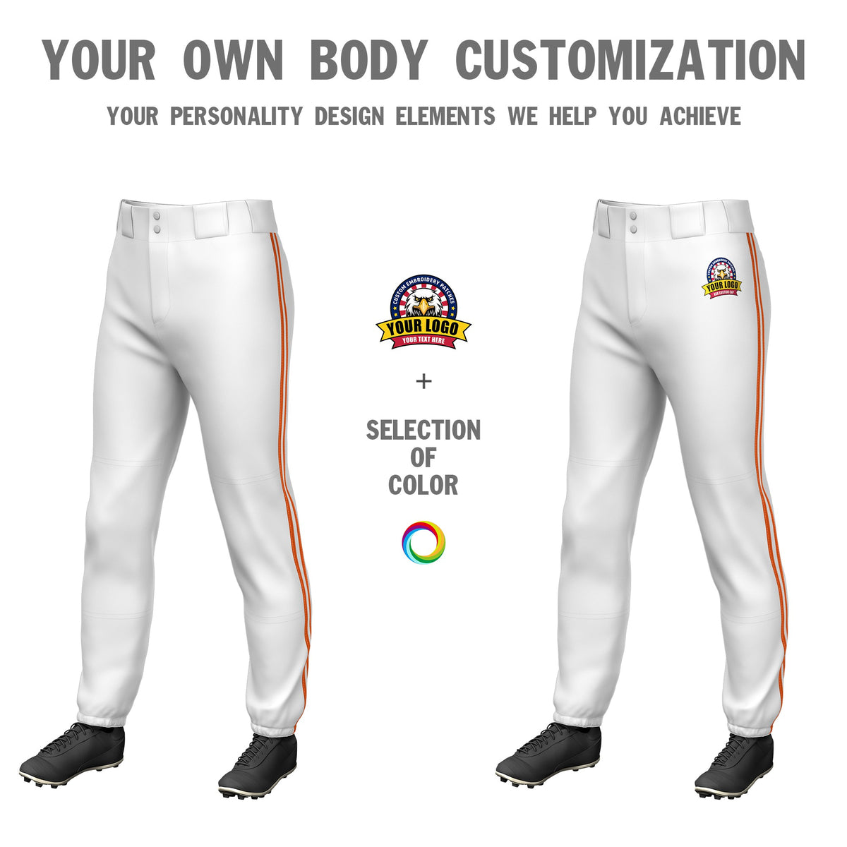 Custom White Orange-White-Orange Classic Fit Stretch Practice Pull-up Baseball Pants