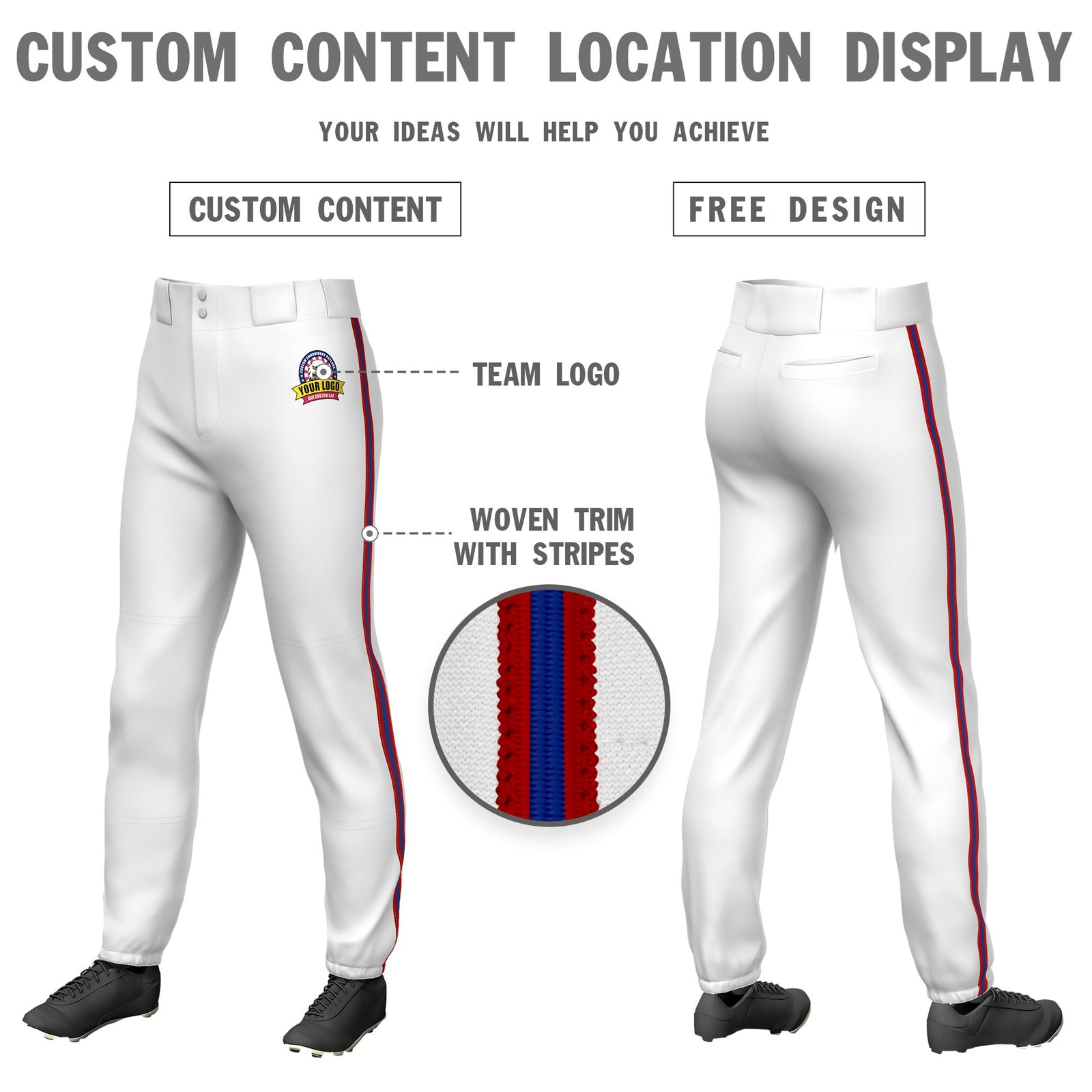 Custom White Red-Royal Blue-Red Classic Fit Stretch Practice Pull-up Baseball Pants