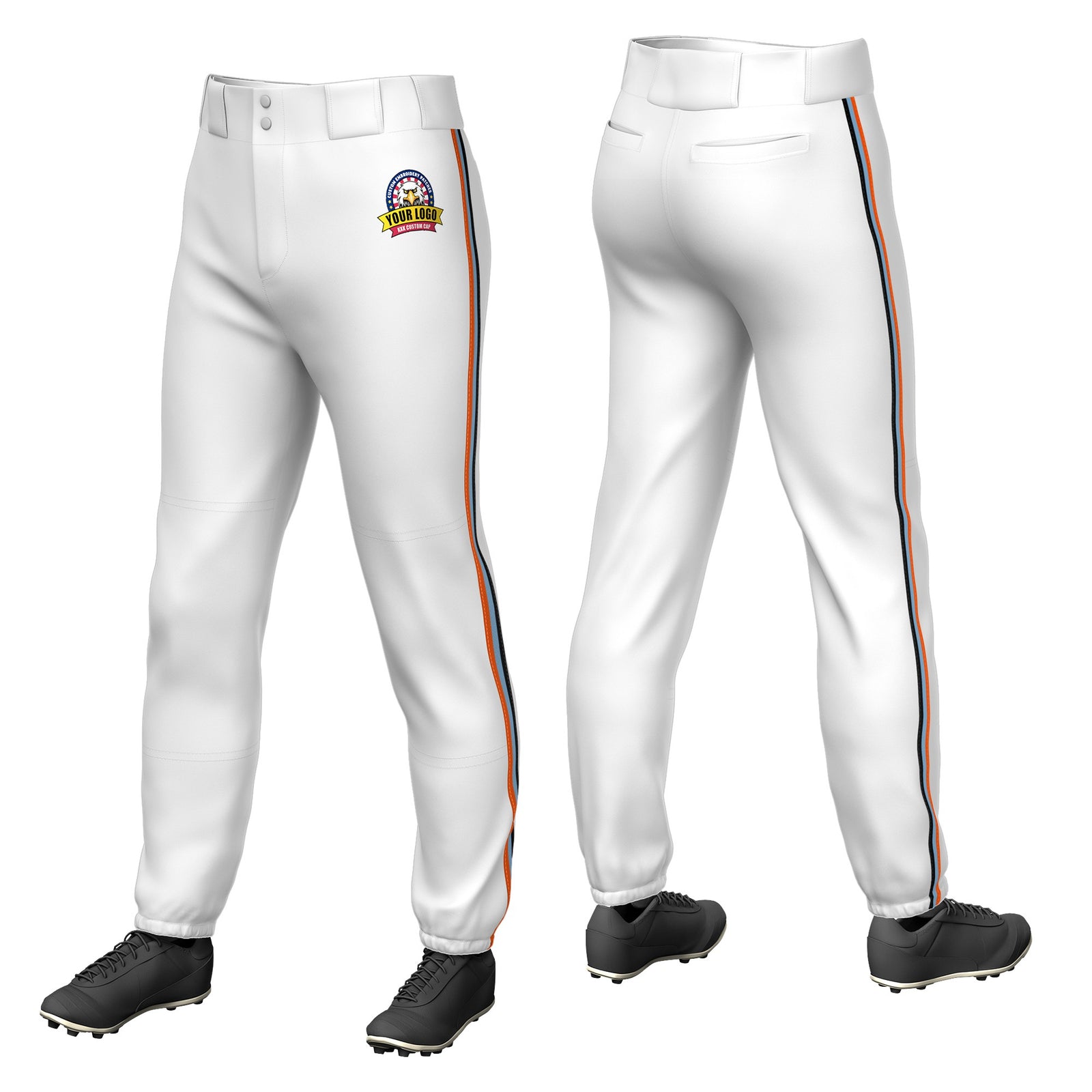 Custom White Orange-Light Blue-Black Classic Fit Stretch Practice Pull-up Baseball Pants