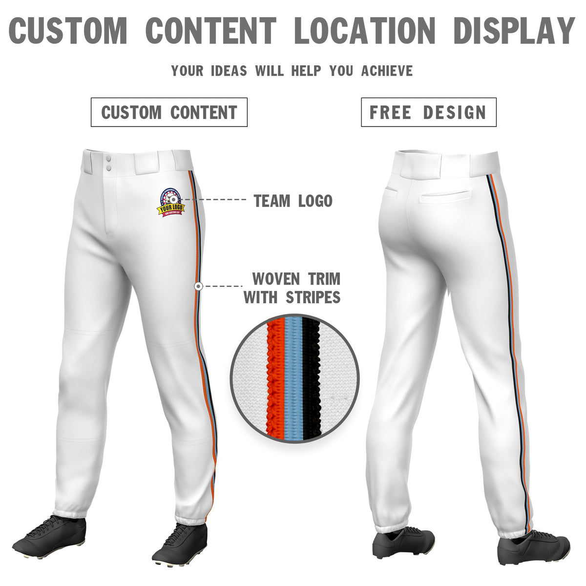Custom White Orange-Light Blue-Black Classic Fit Stretch Practice Pull-up Baseball Pants