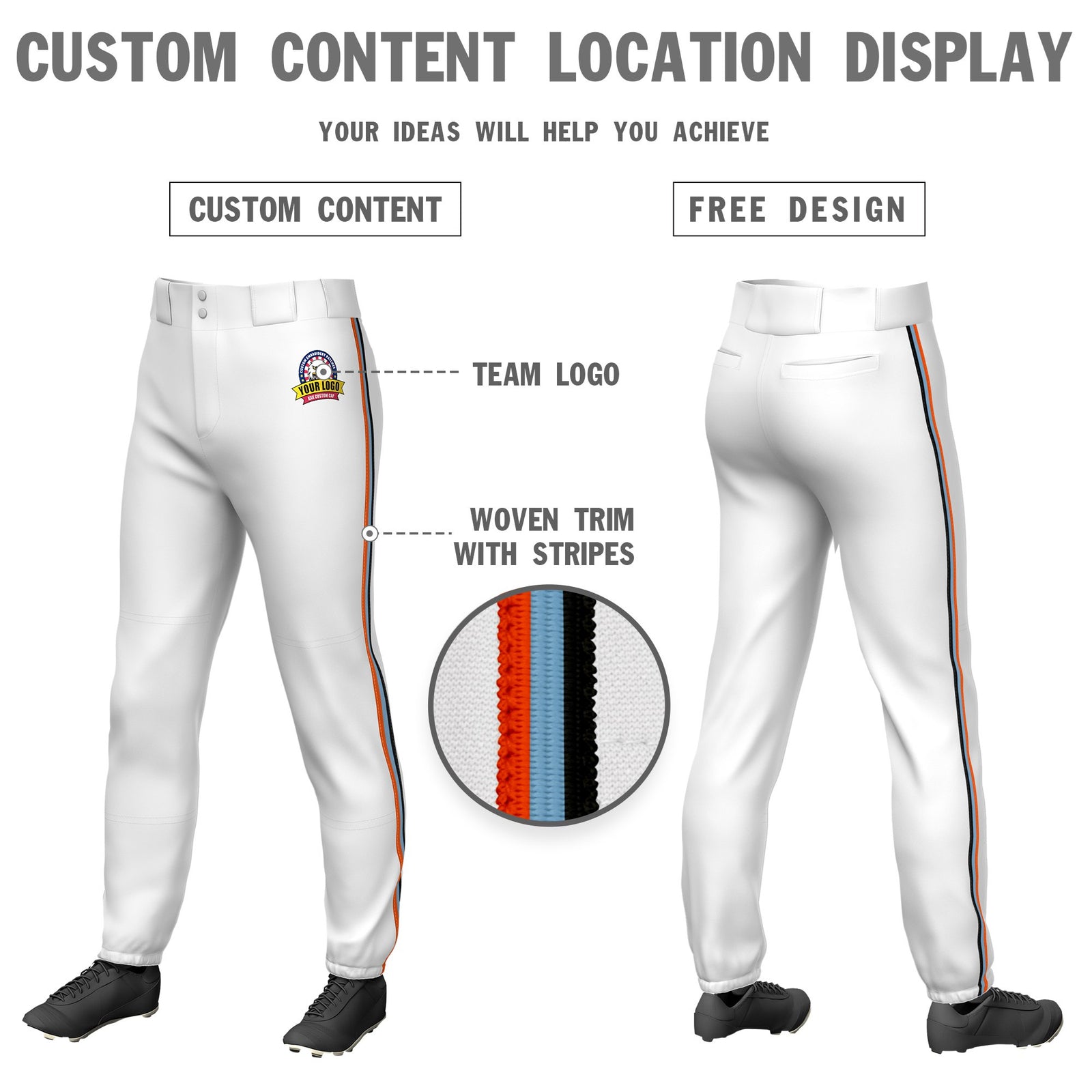 Custom White Orange-Light Blue-Black Classic Fit Stretch Practice Pull-up Baseball Pants