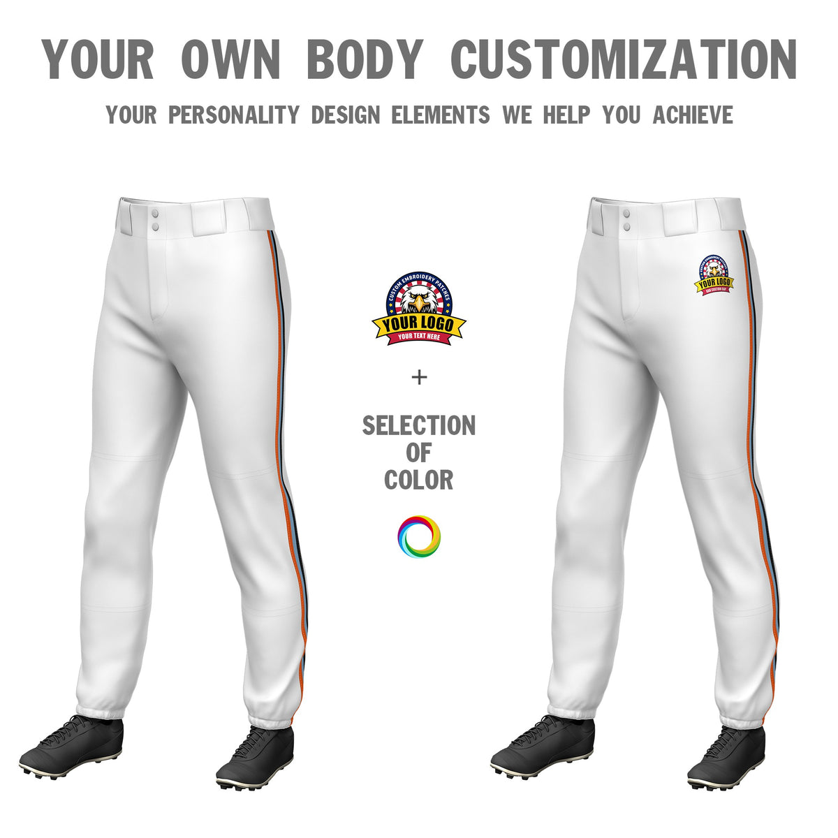 Custom White Orange-Light Blue-Black Classic Fit Stretch Practice Pull-up Baseball Pants